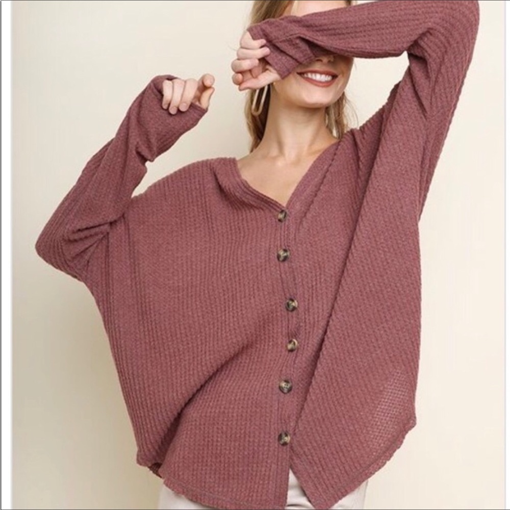 Umgee Women’s Waffle Knit Button Front Cardigan Sweater Thermal Berry Pink Sz S